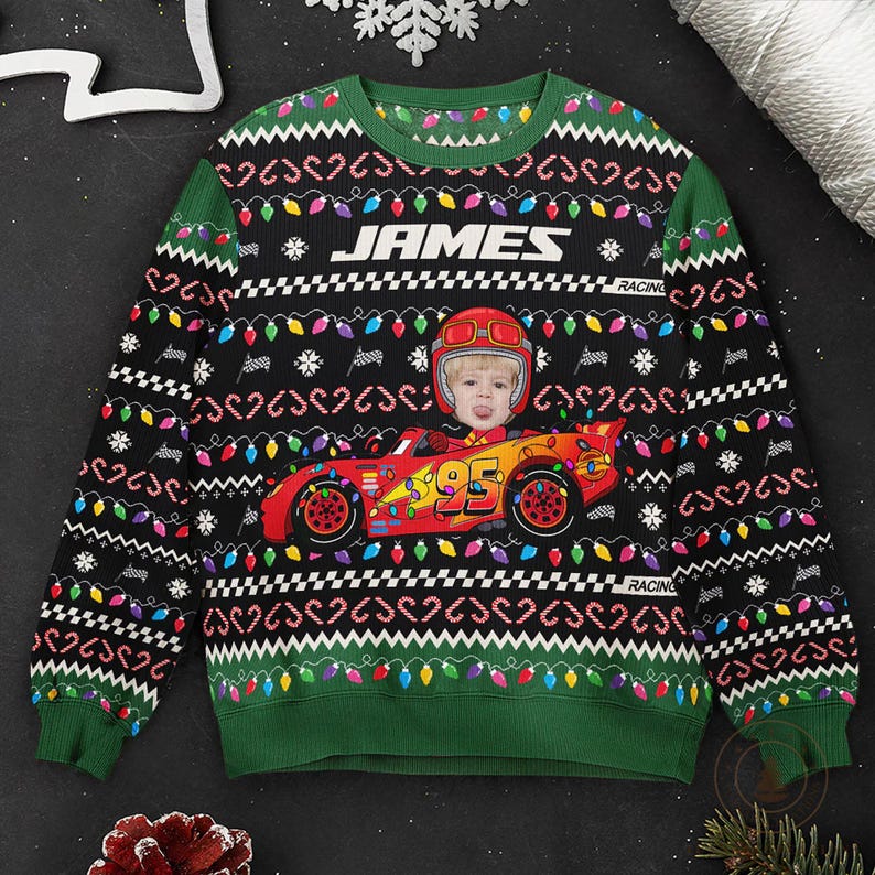 Personalized Kid Face Car Toy Photo Ugly Sweater, Custom Christmas Shirt for Kids, Fun Holiday Gift for Boys & Girls
