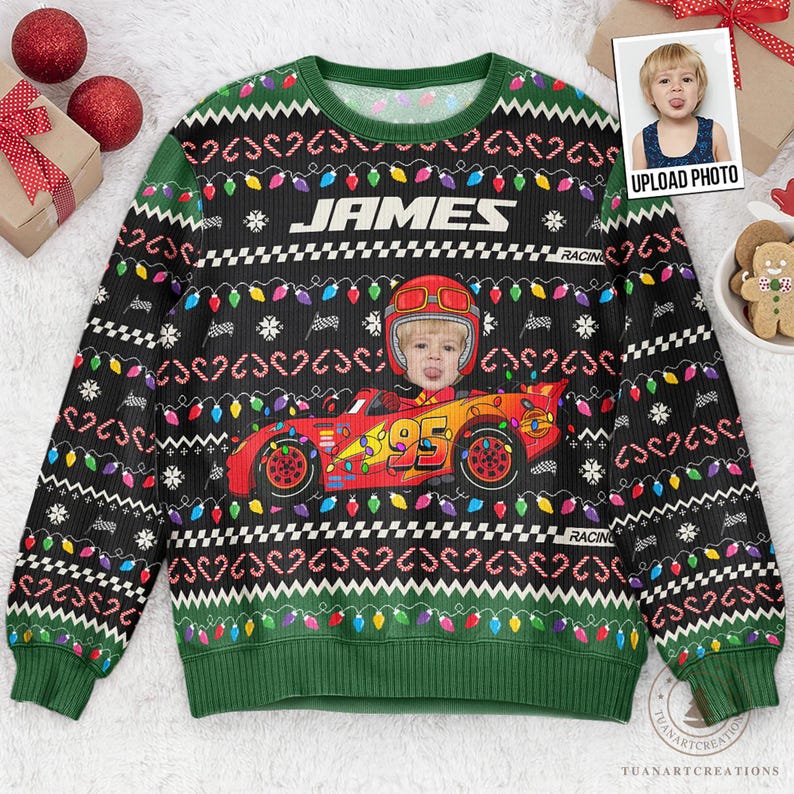 Personalized Kid Face Car Toy Photo Ugly Sweater, Custom Christmas Shirt for Kids, Fun Holiday Gift for Boys & Girls