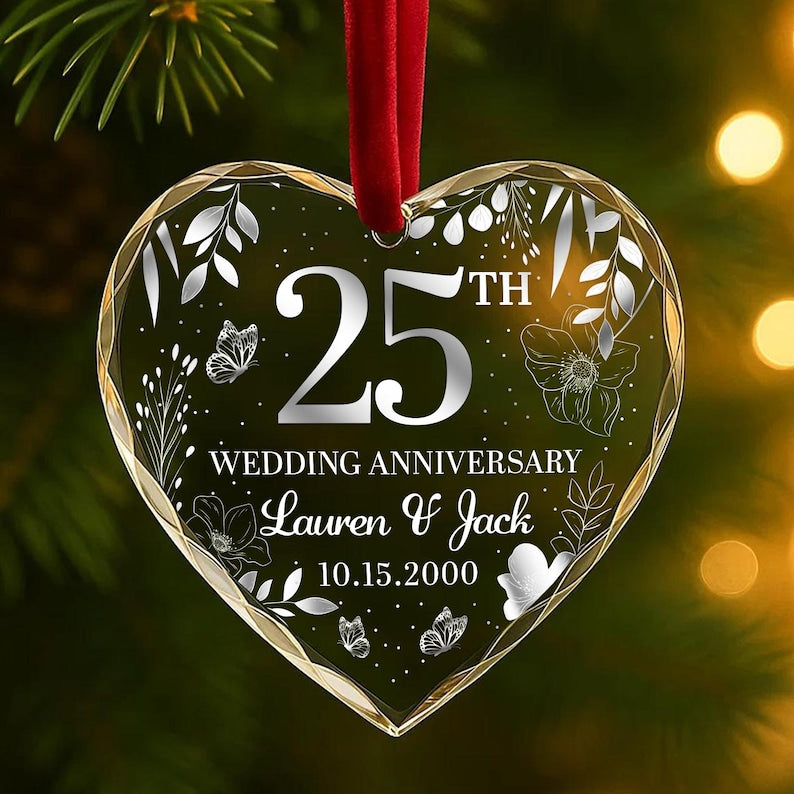 25th Wedding Anniversary Ornament Personalized Glass Keepsake with Couple's Names & Date Silver Anniversary Gift
