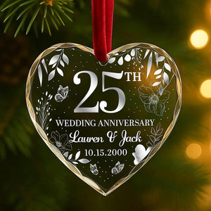 25th Wedding Anniversary Ornament Personalized Glass Keepsake with Couple's Names & Date Silver Anniversary Gift