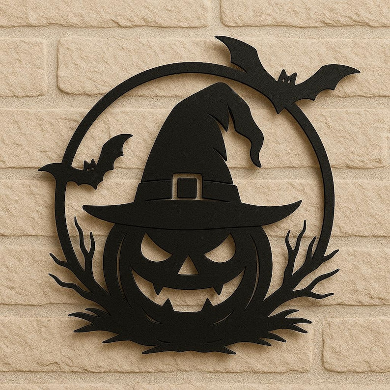 Spooky Pumpkin Door Hanger, Hat and Bats Halloween Door Sign, Laser Cut Metal Sign, Spooky Glowforge Metal Sign, Halloween Metal Sign