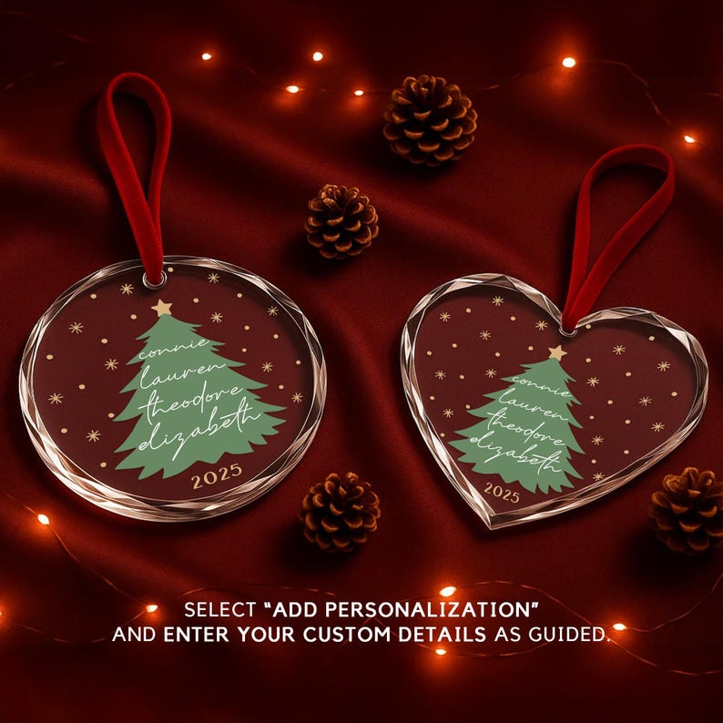 Family Names Christmas Tree Ornament Personalized Glass Holiday Keepsake with Custom Names & Year | Family Christmas Gift