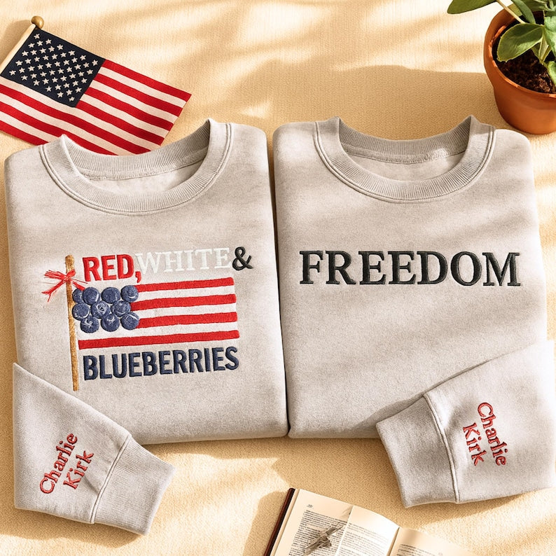 Red White & Blueberries Charlie Kirk America Flag Embroidered SweatShirt, Charlie Kirk Freedom Shirt,Charlie Kirk Shirt,Freedom shirt