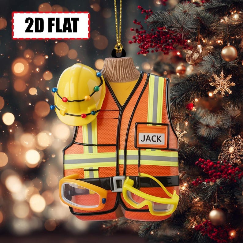 Personalized Construction Worker Christmas Ornament Tree Hanging Decor Flat 2D Acrylic Gift for Builders, Engineers, Safety Crew