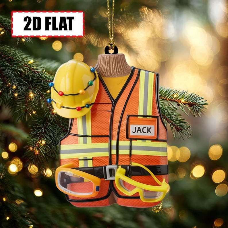Personalized Construction Worker Christmas Ornament Tree Hanging Decor Flat 2D Acrylic Gift for Builders, Engineers, Safety Crew