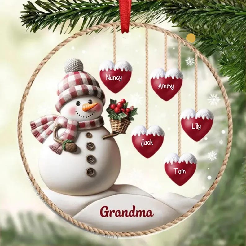 Personalized 1-8 Family Names Christmas Ornament, Acrylic Snowman Family Hanging Ornament, Christmas Gift for Grandma/Mom, Xmas Tree Decor