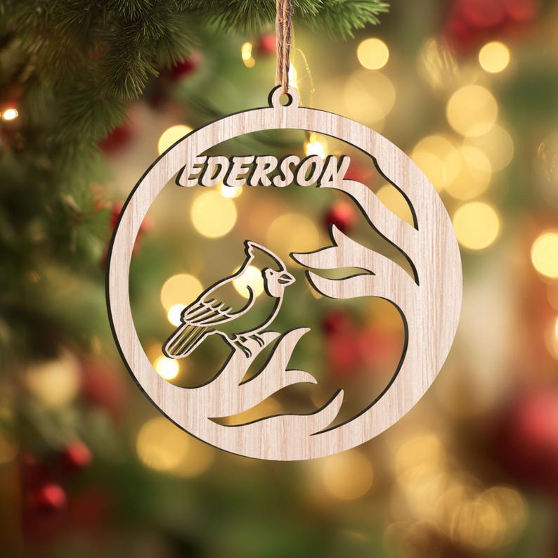 Personalized Cardinal Wood Christmas Ornament Custom Name Bird Ornament, Memorial Holiday Gift Keepsake for Families & Loved Ones