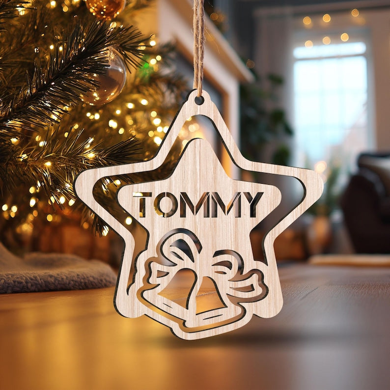 Personalized Star Wood Christmas Ornament Custom Name Bell Design Holiday Decoration, Unique Gift Keepsake for Family, Friends