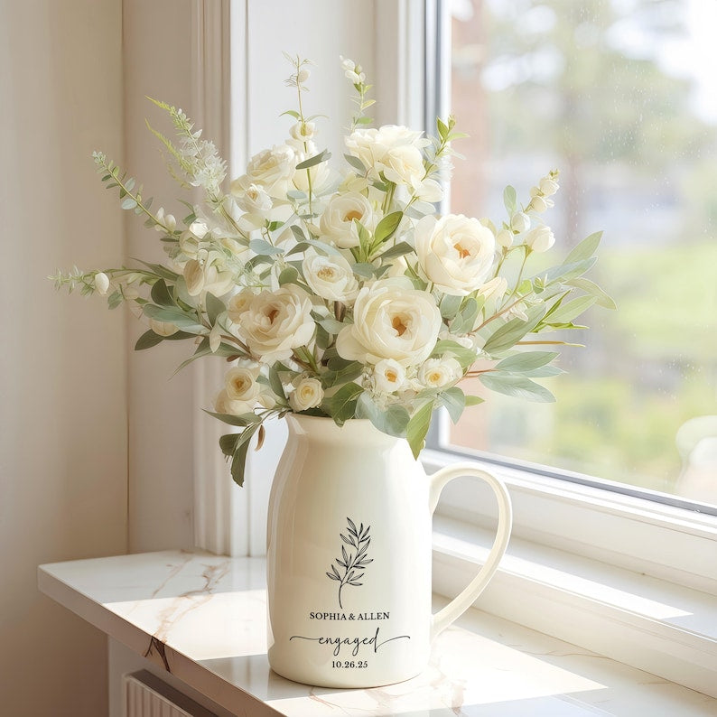 Personalized Ceramic Wedding Flower Vase With Name & Date, Custom Engagement Flower Vase, Gift for Newlywed, Engagement Gift, Wedding Gift