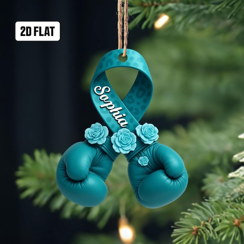 Ovarian Cancer Ornament, Ribbon with Boxing Gloves, Ovarian Cancer Survivor Gift, Cancer Awareness Gifts, Teal Cancer Ribbon, Cancer Warrior