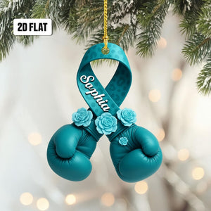 Ovarian Cancer Ornament, Ribbon with Boxing Gloves, Ovarian Cancer Survivor Gift, Cancer Awareness Gifts, Teal Cancer Ribbon, Cancer Warrior