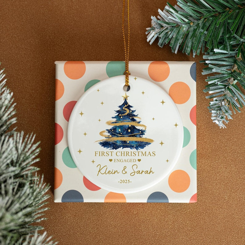 Personalized Ceramic Engagement Ornament, Mr & Mrs Keepsake, Christmas Tree Bauble, Christmas Gift for Couple w/ Gift Box, Engaged Keepsake