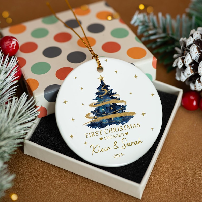 Personalized Ceramic Engagement Ornament, Mr & Mrs Keepsake, Christmas Tree Bauble, Christmas Gift for Couple w/ Gift Box, Engaged Keepsake