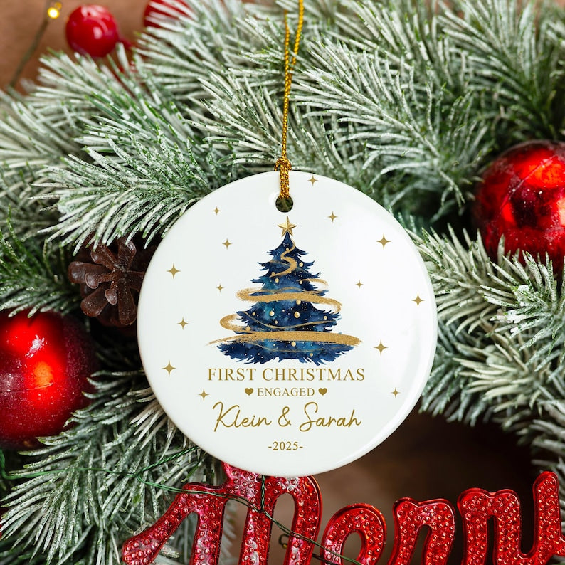 Personalized Ceramic Engagement Ornament, Mr & Mrs Keepsake, Christmas Tree Bauble, Christmas Gift for Couple w/ Gift Box, Engaged Keepsake