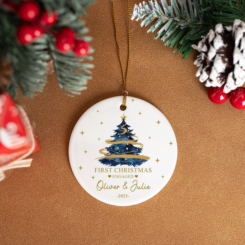 Personalized Ceramic Engagement Ornament, Mr & Mrs Keepsake, Christmas Tree Bauble, Christmas Gift for Couple w/ Gift Box, Engaged Keepsake