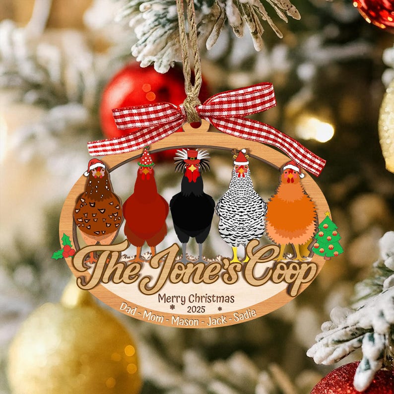 Custom 2 Layered Wooden Family Chicken Coop Ornament: Family Members Name