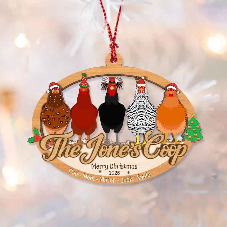 Custom 2 Layered Wooden Family Chicken Coop Ornament: Family Members Name