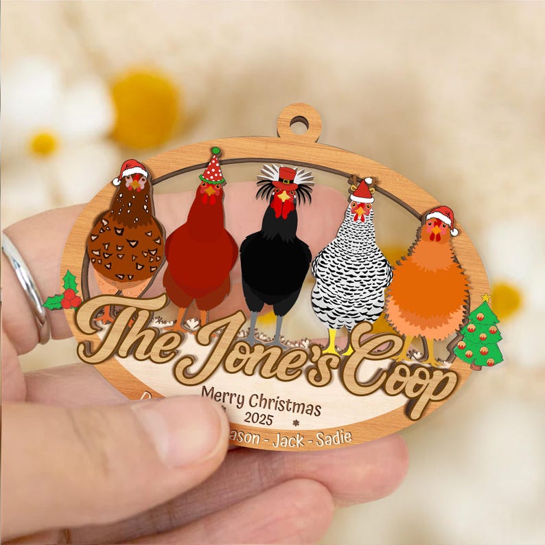 Custom 2 Layered Wooden Family Chicken Coop Ornament: Family Members Name