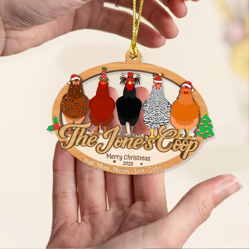 Custom 2 Layered Wooden Family Chicken Coop Ornament: Family Members Name