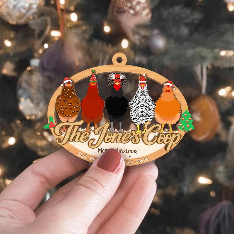 Custom 2 Layered Wooden Family Chicken Coop Ornament: Family Members Name