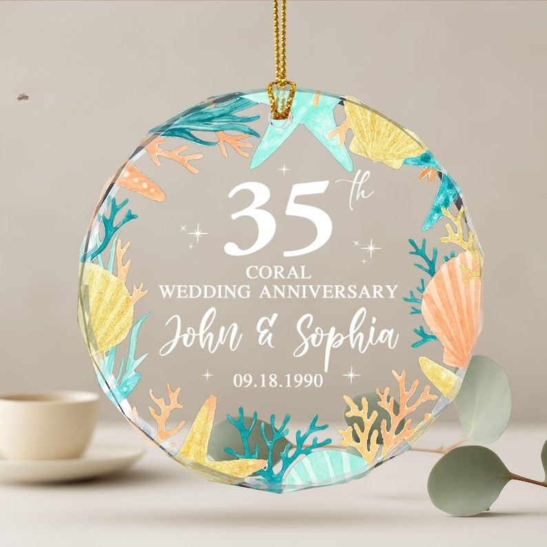 35th Wedding Anniversary Gift, Personalized Coral 35th Anniversary Glass Ornament, 35th Wedding Anniversary, Gift for Parents Husband Wife