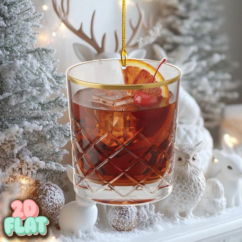 Old Fashioned Cocktail 2D FLAT Ornament, Whiskey Lover Gift, Bourbon Christmas Decor,Bar Themed Ornament for Men, 2D Flat Ornament,Xmas Tree