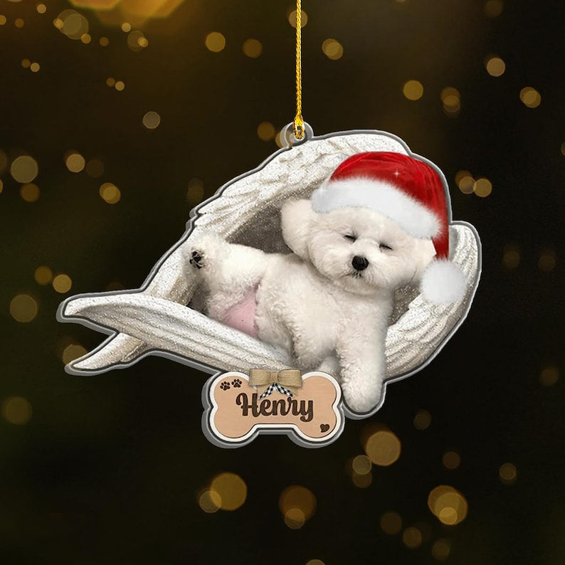 Personalized Bichon Frise Sleeping Angel Christmas Ornament, Custom Dog with Santa Hat Christmas Decoration, Pet Memorial Gift
