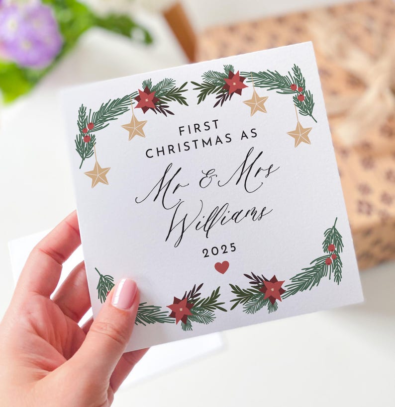 First Christmas as Mr & Mrs Card for Newlywed Couple Wife Husband Xmas Card with Wreath Design Keepsake