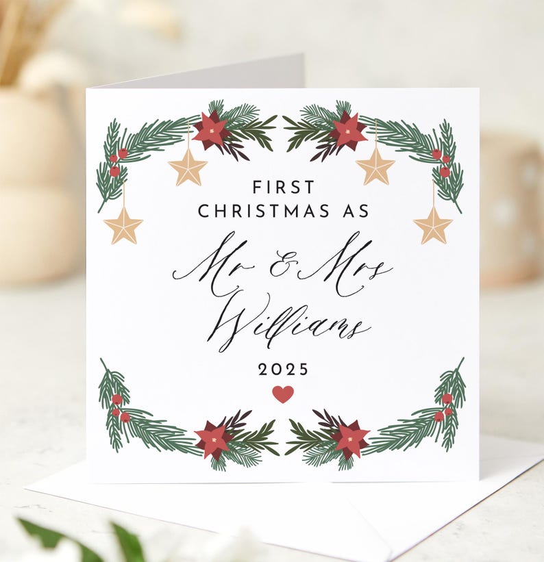 First Christmas as Mr & Mrs Card for Newlywed Couple Wife Husband Xmas Card with Wreath Design Keepsake