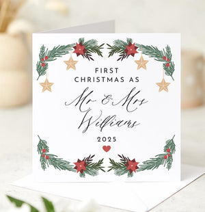 First Christmas as Mr & Mrs Card for Newlywed Couple Wife Husband Xmas Card with Wreath Design Keepsake