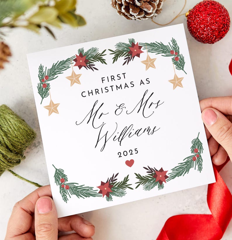 First Christmas as Mr & Mrs Card for Newlywed Couple Wife Husband Xmas Card with Wreath Design Keepsake