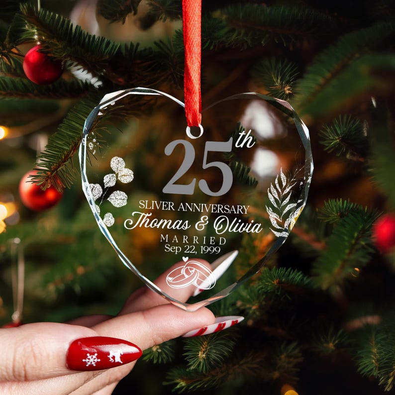 Custom Silver 25th Anniversary Gifts, 25th Wedding Anniversary Glass Ornament, 25 Years Anniversary Gift for Parents, Gifts for Husband Wife