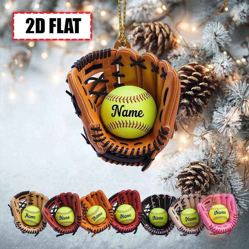 Personalized Softball Christmas Ornament Tree Hanging Decor Flat 2D Acrylic Custom Glove and Ball Gift for Softball Players, Coaches, Sports