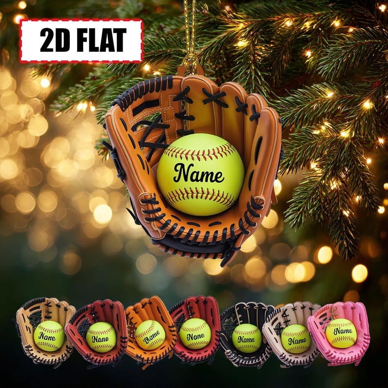 Personalized Softball Christmas Ornament Tree Hanging Decor Flat 2D Acrylic Custom Glove and Ball Gift for Softball Players, Coaches, Sports