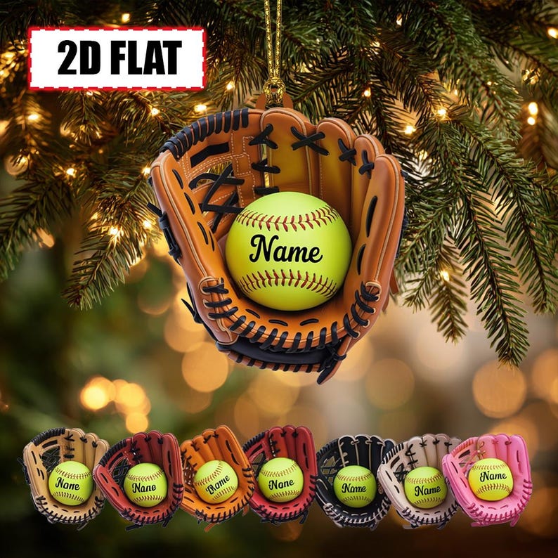 Personalized Softball Christmas Ornament Tree Hanging Decor Flat 2D Acrylic Custom Glove and Ball Gift for Softball Players, Coaches, Sports