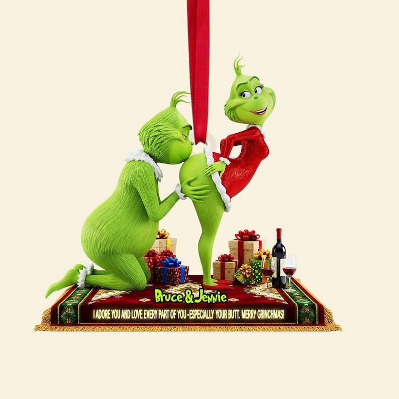 Personalized Green Monster Couple Christmas Ornament, I Adore You , Custom Holiday Tree Decoration, Flat 2D Ornament, Merry Grinchmas Gift