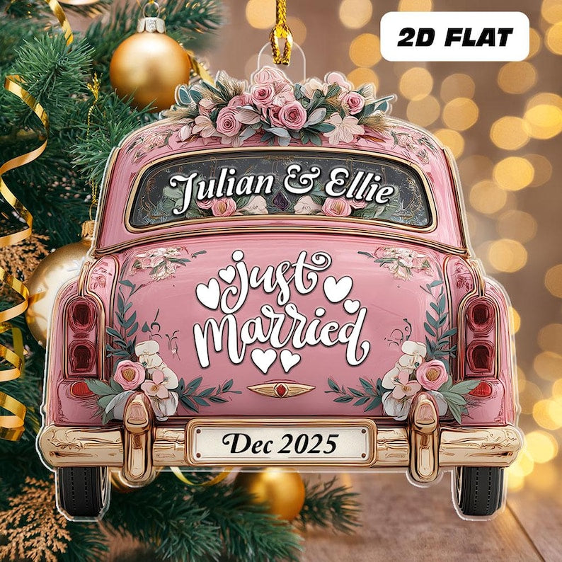 Personalized Name Just Married Car Ornament, Custom Christmas Married Ornament, Married Couple Xmas Ornament, Newlywed Gift For Couple