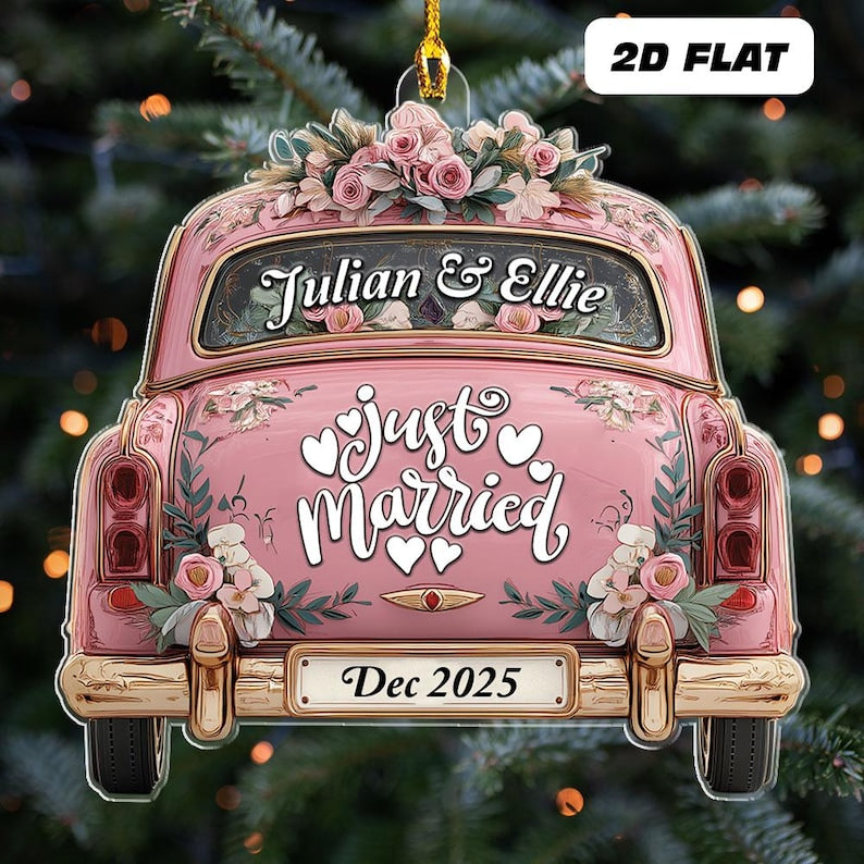 Personalized Name Just Married Car Ornament, Custom Christmas Married Ornament, Married Couple Xmas Ornament, Newlywed Gift For Couple