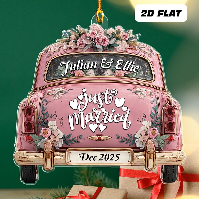 Personalized Name Just Married Car Ornament, Custom Christmas Married Ornament, Married Couple Xmas Ornament, Newlywed Gift For Couple