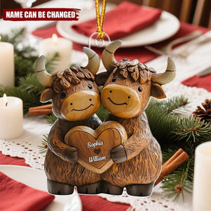 Highland Cowl Couple Personalized Acrylic Ornament, Christmas Gift for Couples, Custom Name Keepsake Decoration