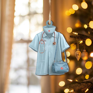 Personalized Nurse Scrubs Ornament, Custom Shape Christmas Decoration with Name and Medical Bag, Healthcare Worker Gift, Holiday Keepsake