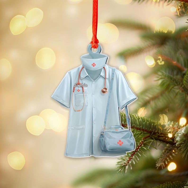 Personalized Nurse Scrubs Ornament, Custom Shape Christmas Decoration with Name and Medical Bag, Healthcare Worker Gift, Holiday Keepsake