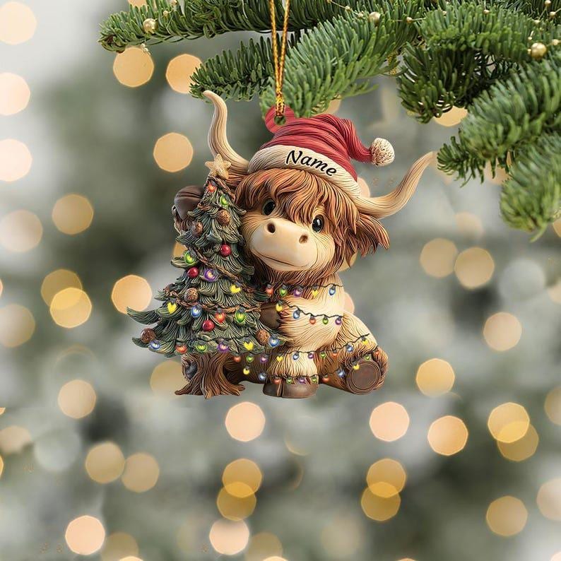 Personalized Highland Cow Christmas Ornament, Highland Cow Ornament Hanging, Funny Cattle Ornament, Highland Cow Lovers Gift