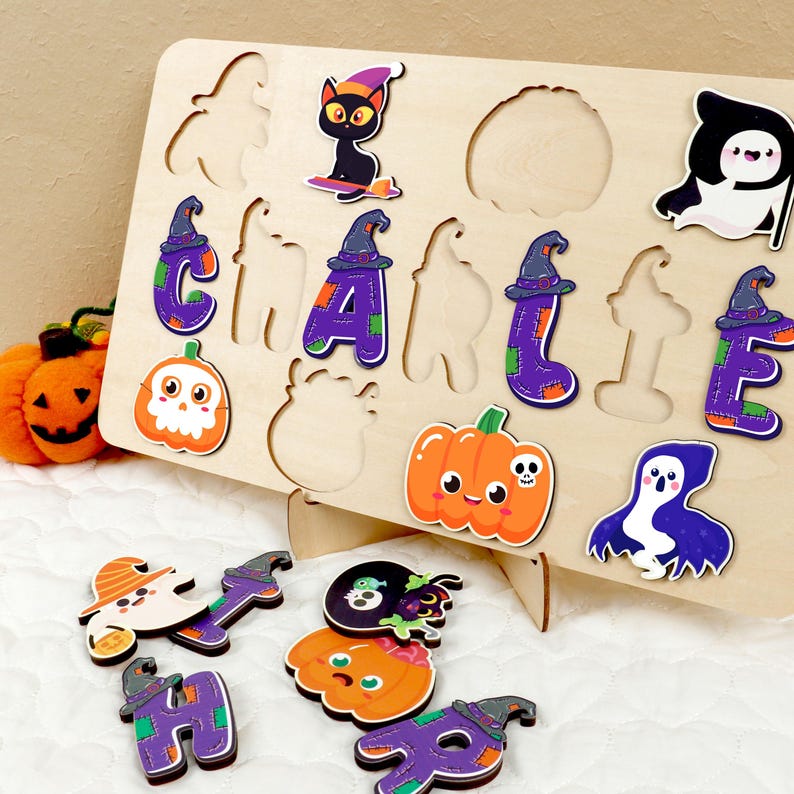 Custom Halloween Baby Wooden Name Puzzle,Baby Toddler Halloween Toy,Toddler Montessori Toys,First Halloween Gift,Toddler Halloween Keepsake