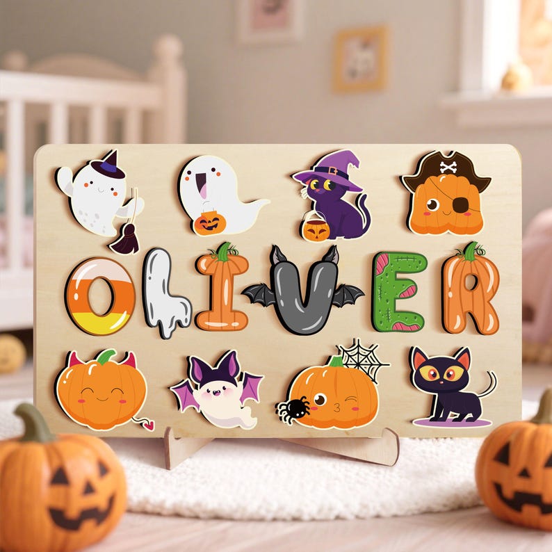 Custom Halloween Baby Wooden Name Puzzle,Baby Toddler Halloween Toy,Toddler Montessori Toys,First Halloween Gift,Toddler Halloween Keepsake