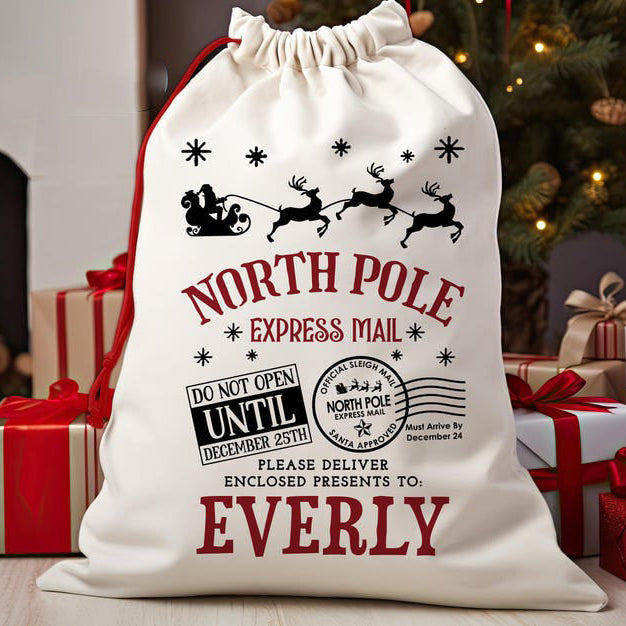 North Pole Santa Sack, Presents Bag, Christmas Gift Sack, Personalized Kids Sack Christmas Bag for Presents, Santa Bags with Name, Personalized Gift Bag, Custom Stocking Bags