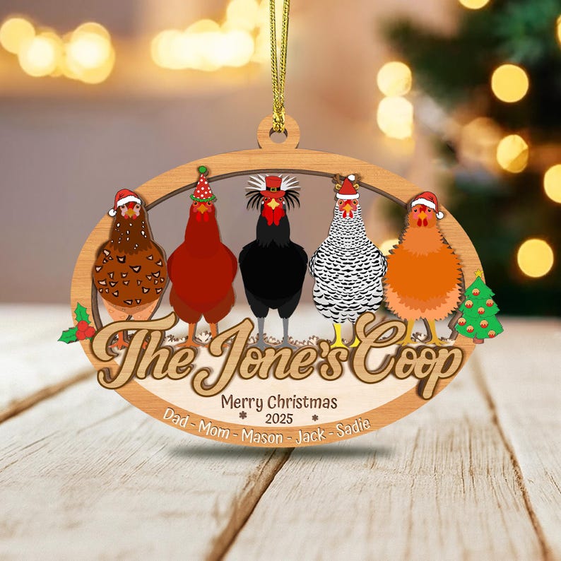 Custom 2 Layered Wooden Family Chicken Coop Ornament: Family Members Name