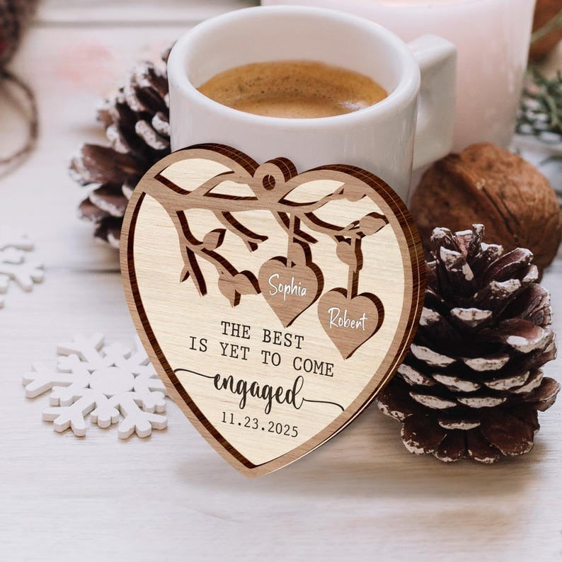 Engaged Wooden 2 Layered Ornament 2025, Custom Engagement Ornament with Names & Date, Engagement Gifts for Couple, Couple Name Ornament