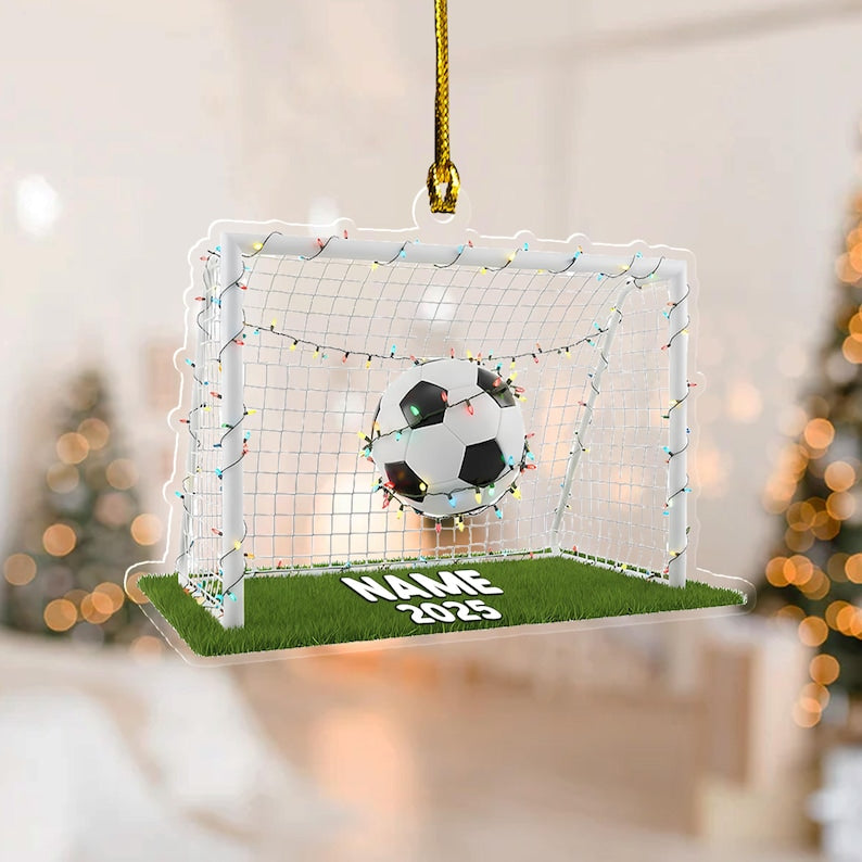 Custom Name Soccer 2025 Ornament, 2D Football Gold Ornament, Christmas Sports 2D flat Gift, Acrylic/Wooden Sport Ornament