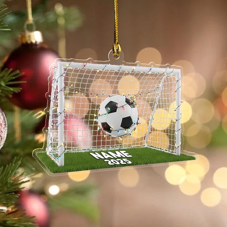 Custom Name Soccer 2025 Ornament, 2D Football Gold Ornament, Christmas Sports 2D flat Gift, Acrylic/Wooden Sport Ornament